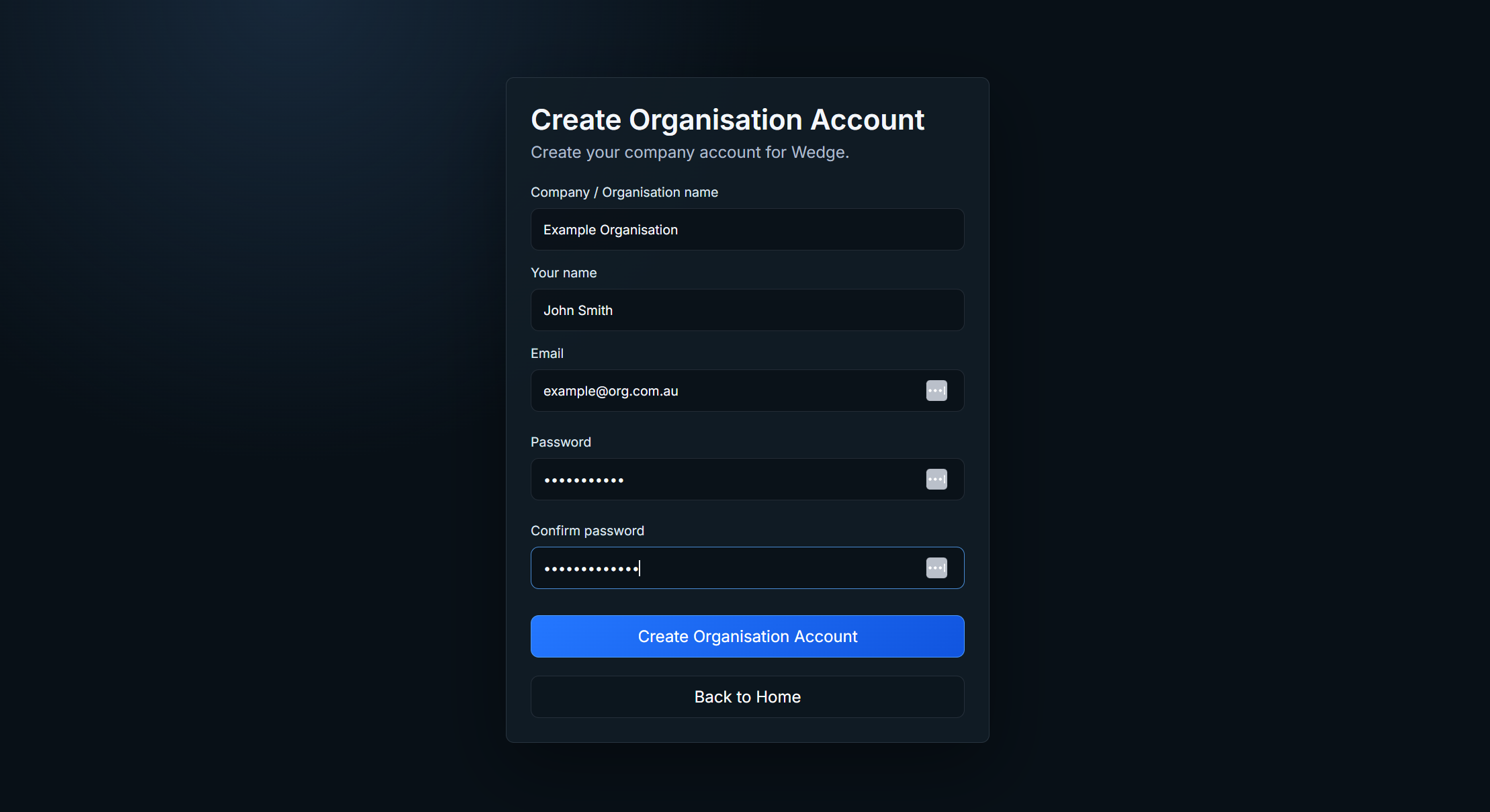 Account creation form